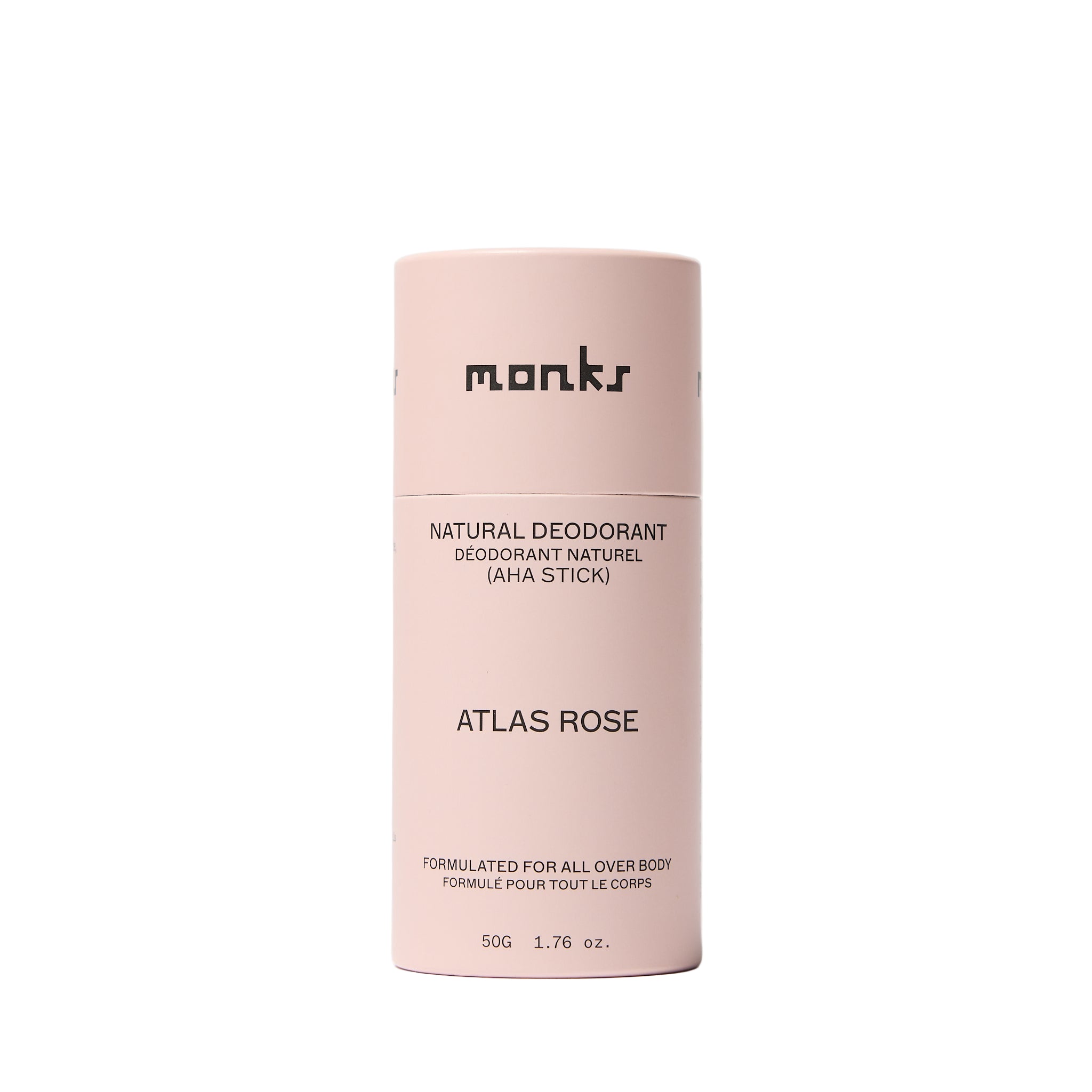 Pink deodorant stick with 'monks' branding on a white background