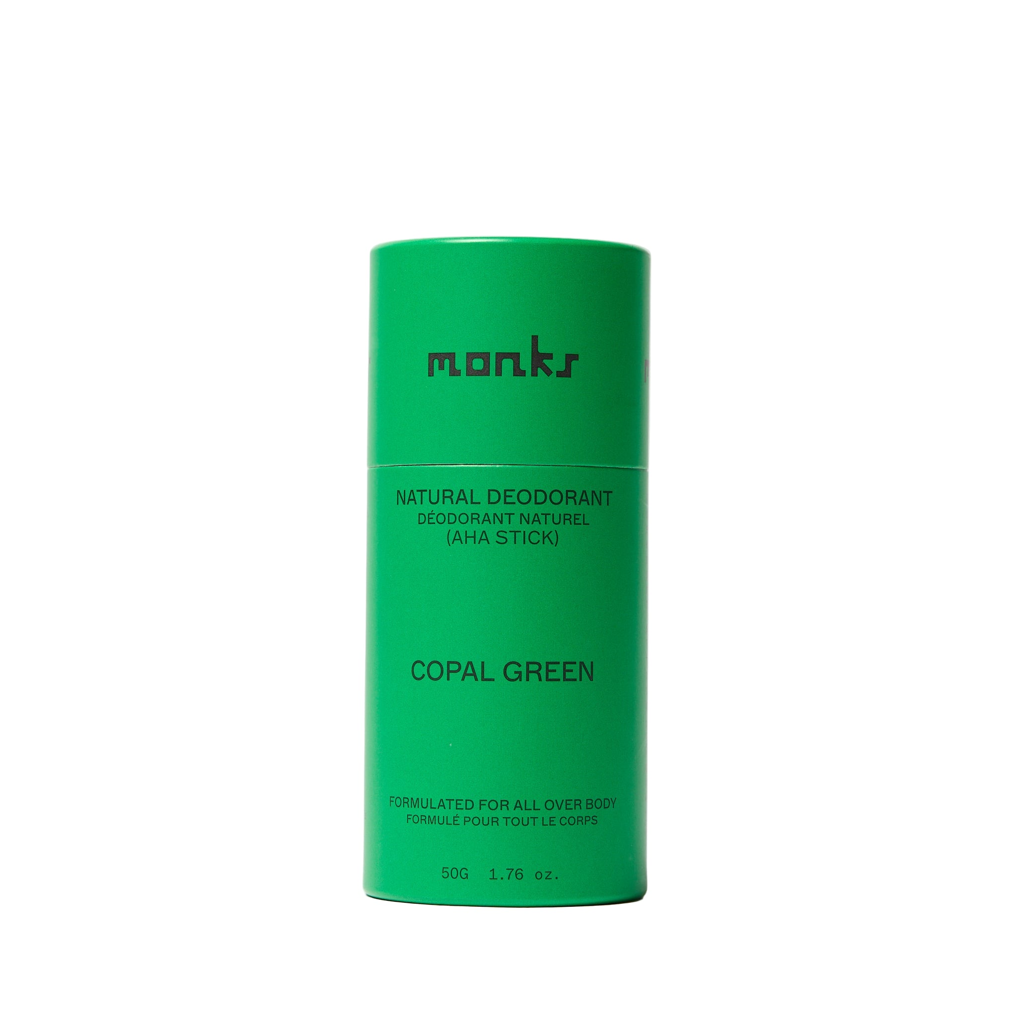 Green deodorant stick with 'monks' branding on a white background