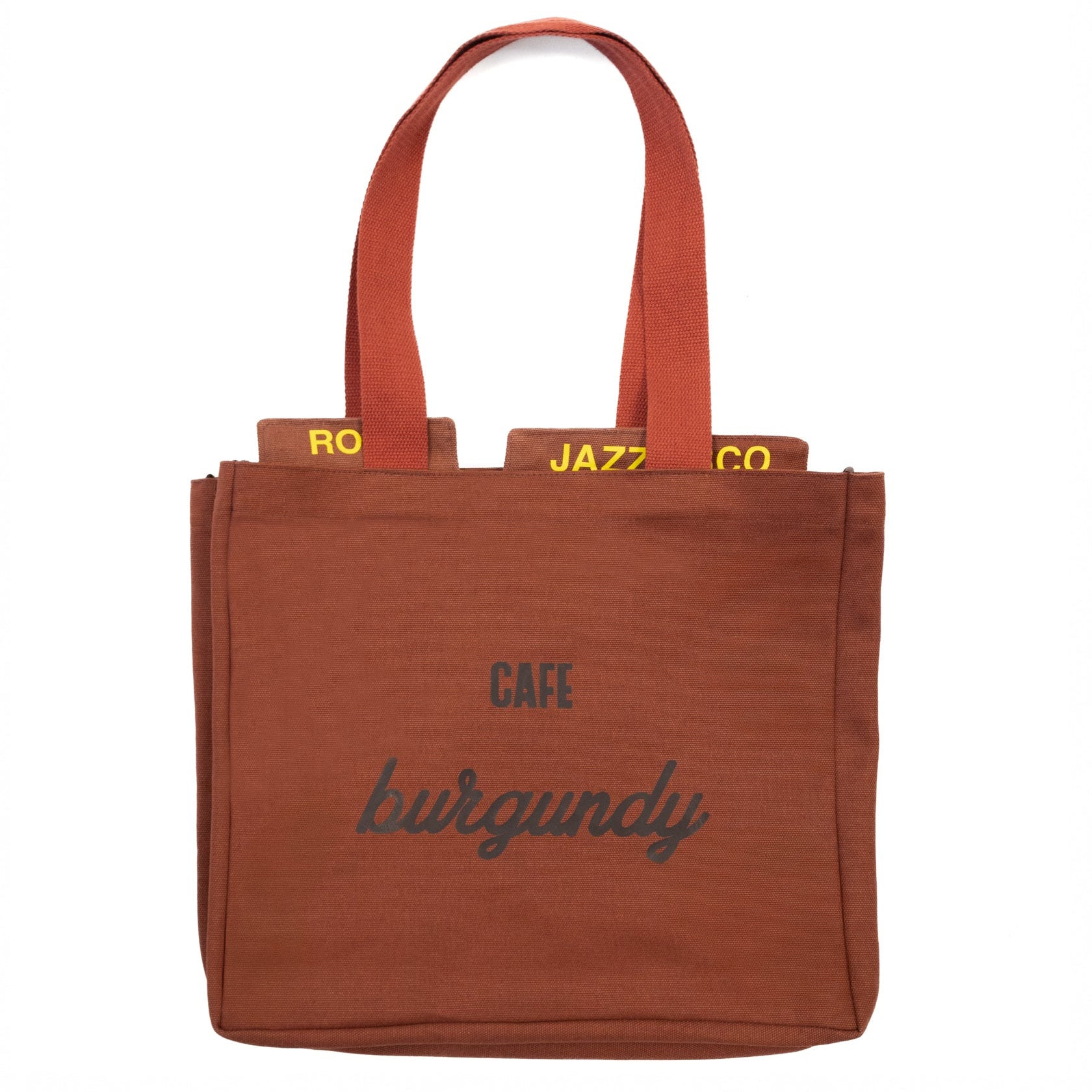 burgundy tote bag with 'CAFE burgundy' text on a white background

