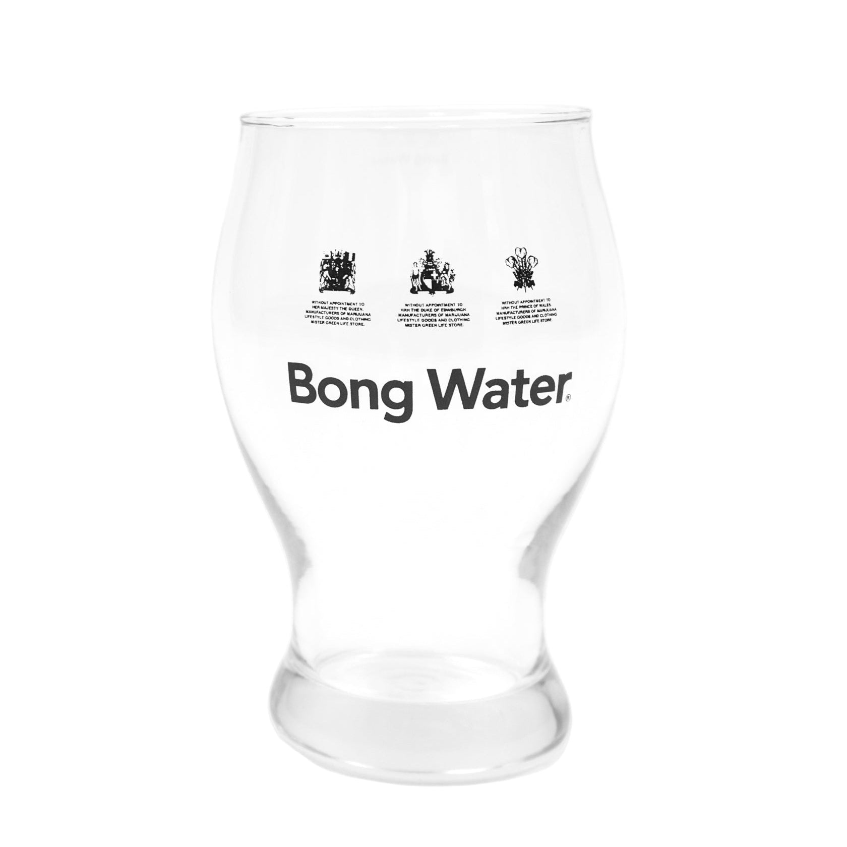 Clear glass with 'Bong Water' text and logos on a white background