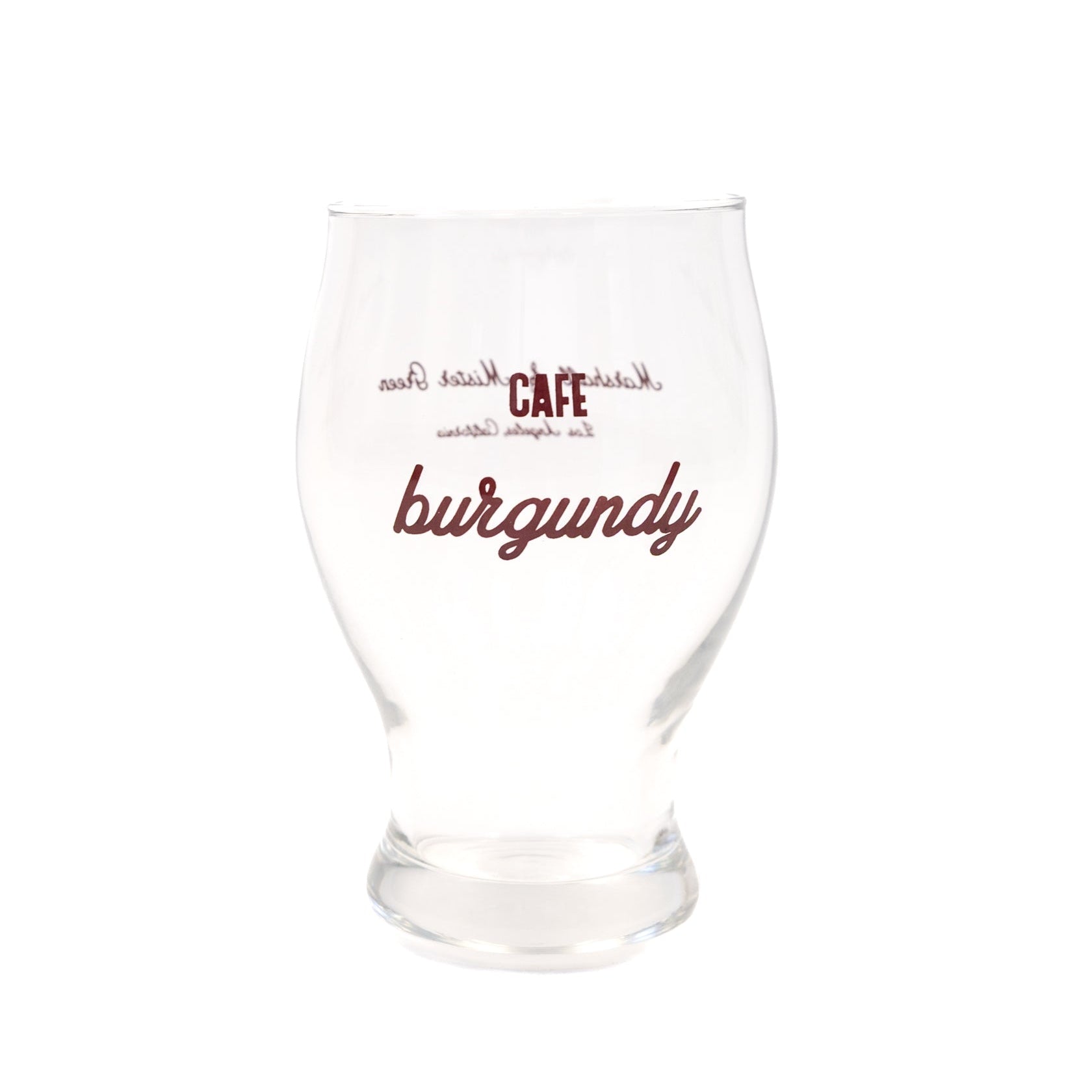 Clear glass with 'Cafe Burgundy' text on a white background